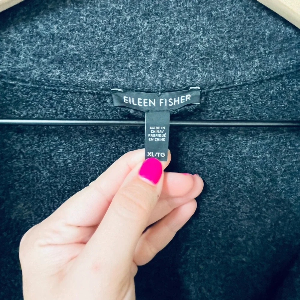 SOLD Eileen Fisher High Neck Black Leather Sleeve Dark Grey Wool Jacket Size XL - Picture 9 of 11